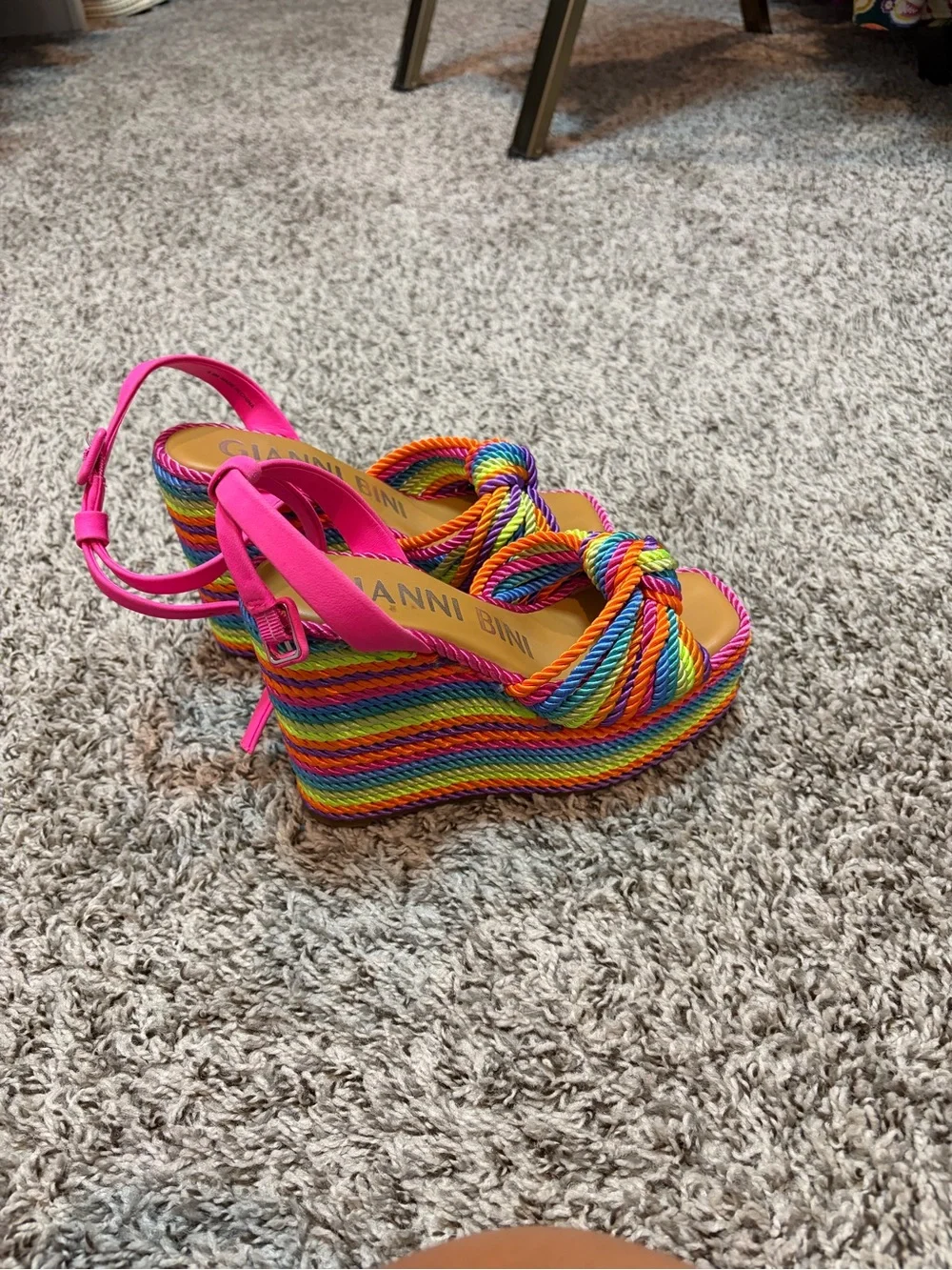 Gianni Bini Rainbow Rope Wedge Sandals in Hot Pink and Multi